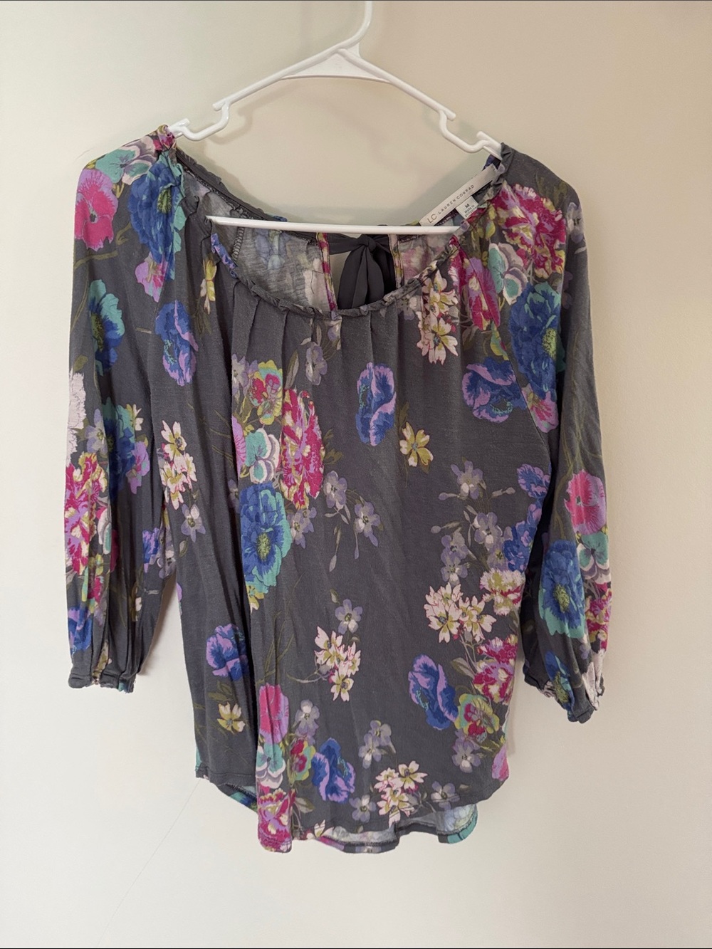 LC Lauren Conrad Gray Floral Sheer Peasant Blouse